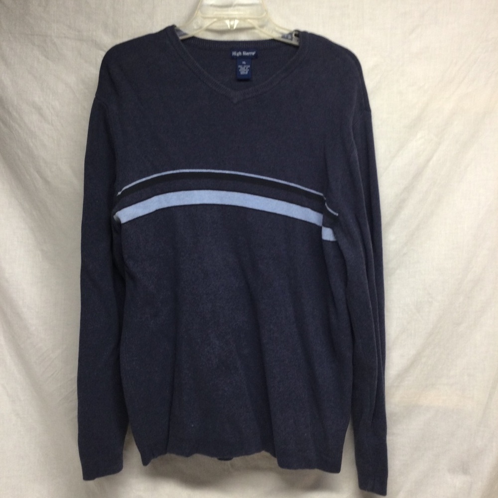 High Sierra Men's Navy V-Neck Sweater with Light Blue Stripe Y2K Sz XL
